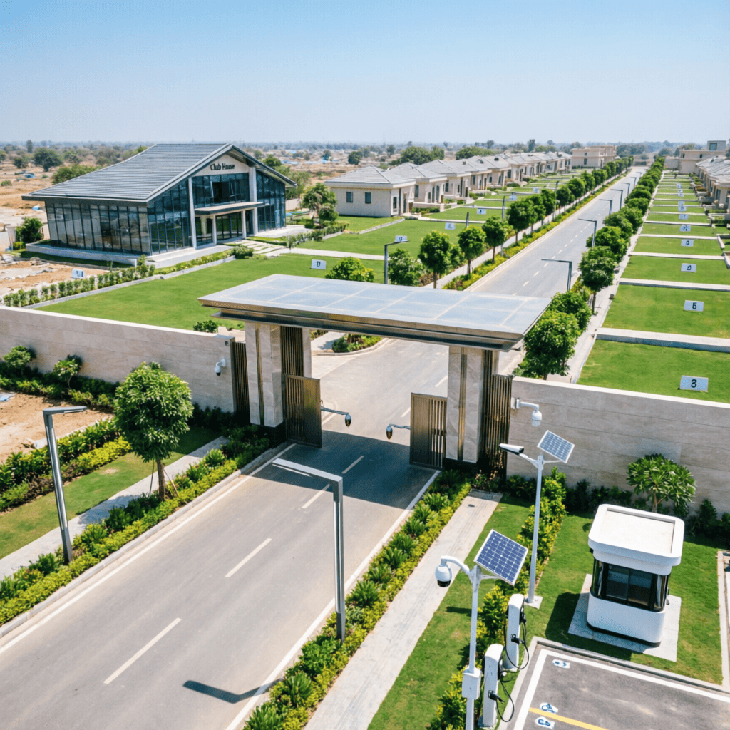 AeroX premium residential plotted township by RSC Group Dholera with club house CCTV surveillance plot demarcation and solar powered street lights near Ahmedabad Gujarat